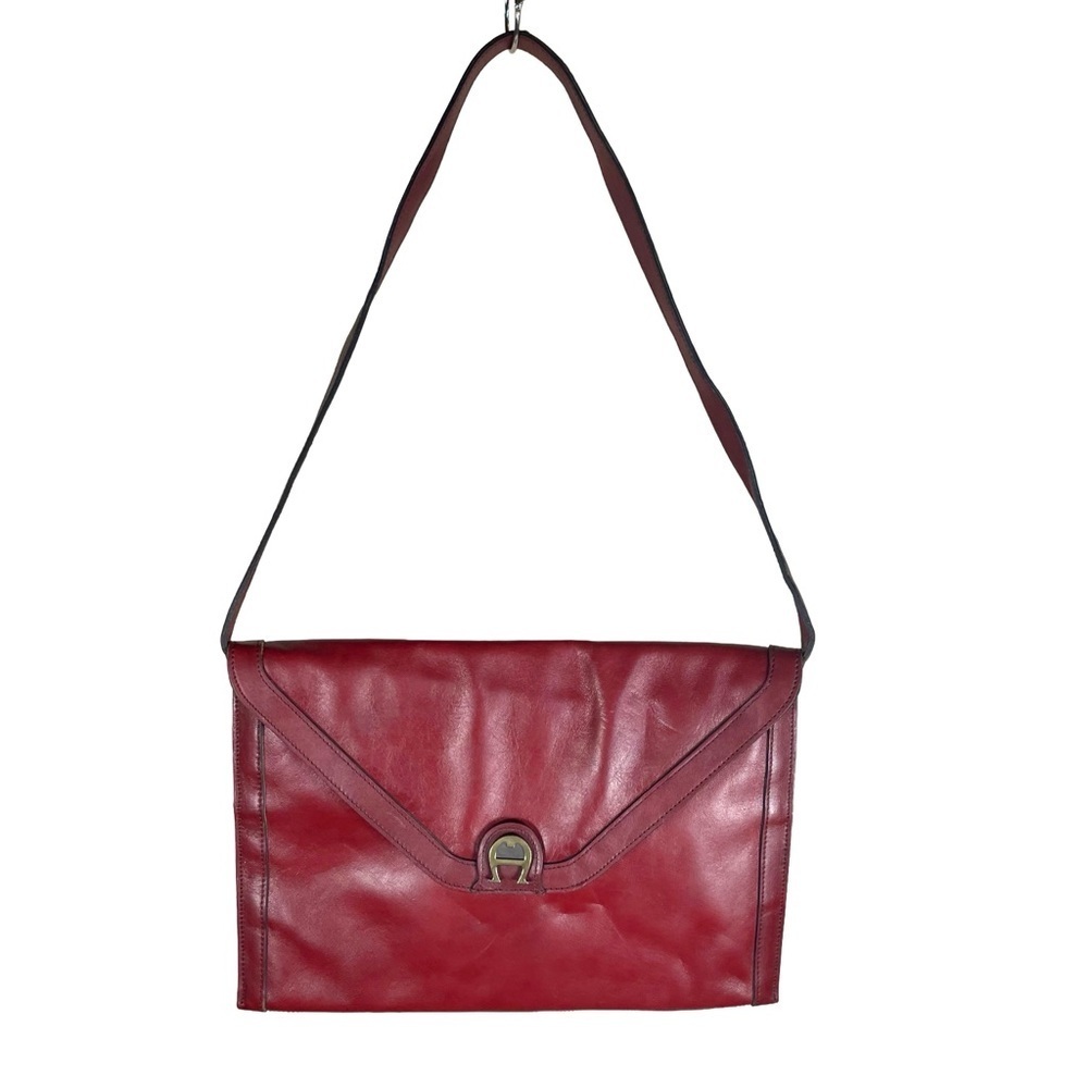 Vintage Etienne Aigner Burgundy Leather Envelope Clutch Shoulder Bag Brass Logo
